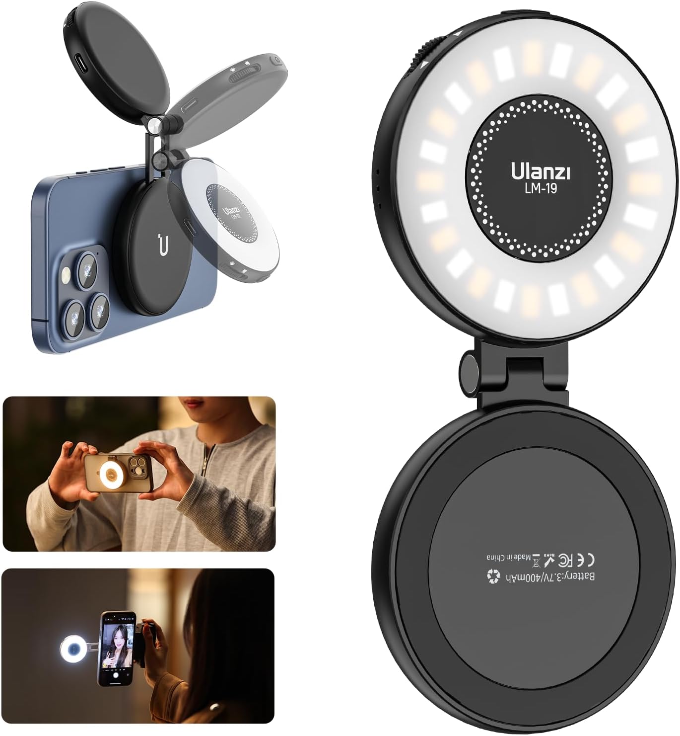 Ulanzi LM-19 Rechargeable Clip-On Selfie Ring Light – 5-in-1 Portable LED for Phones, TikTok & Video Calls